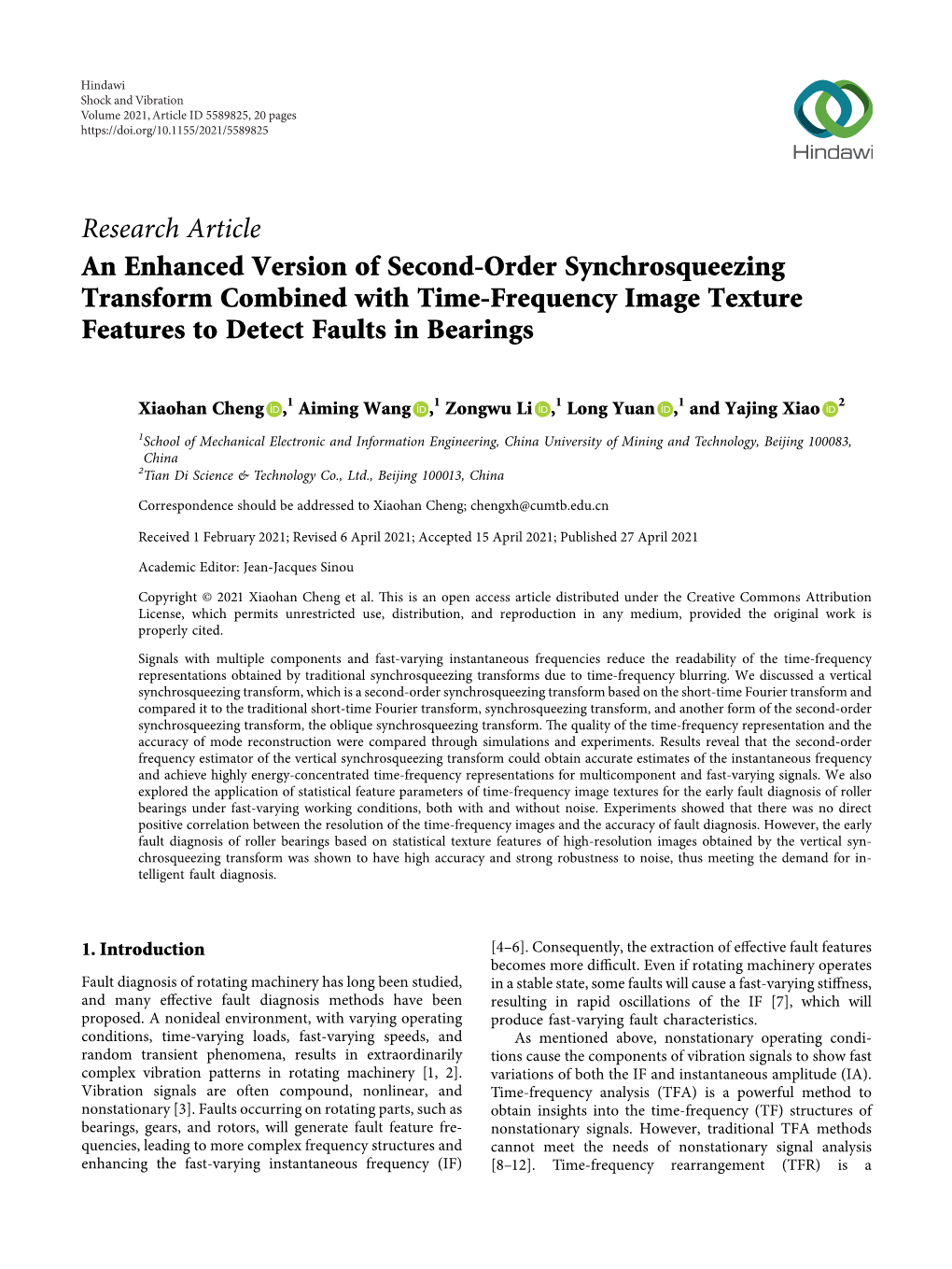 Research Article an Enhanced Version of Second-Order Synchrosqueezing Transform Combined with Time-Frequency Image Texture Features to Detect Faults in Bearings