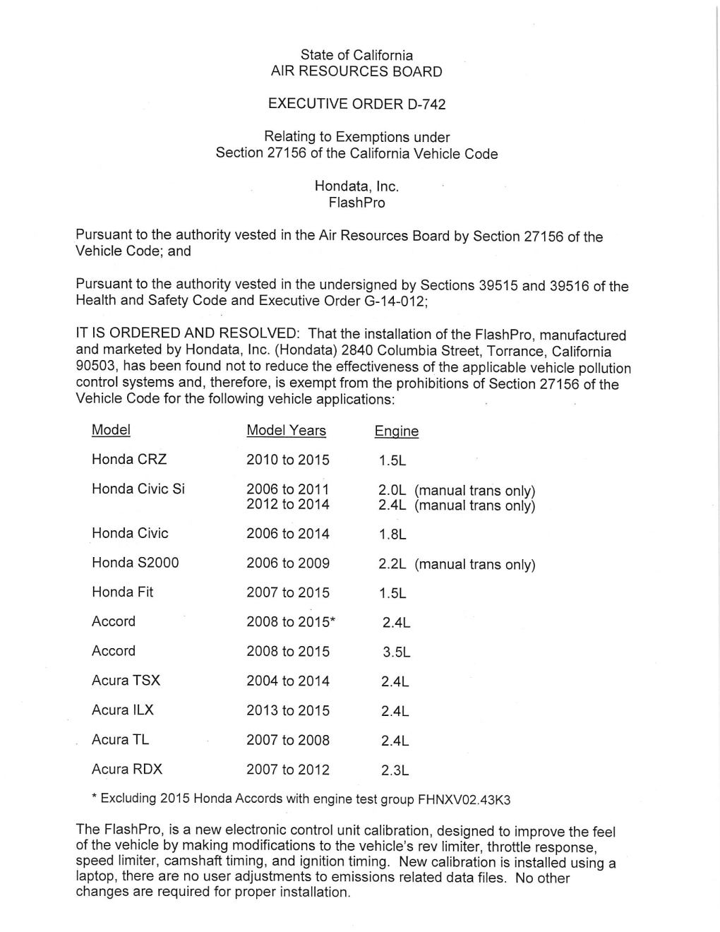 EXECUTIVE ORDER D-742 Relating to Exemptions Under Pursuant To