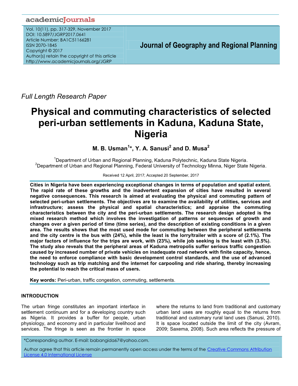 Physical and Commuting Characteristics of Selected Peri-Urban Settlements in Kaduna, Kaduna State, Nigeria