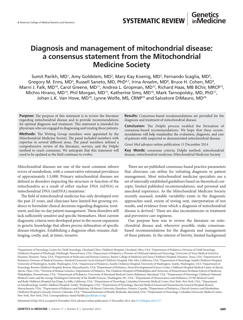 Diagnosis and Management of Mitochondrial Disease: a Consensus Statement from the Mitochondrial Medicine Society