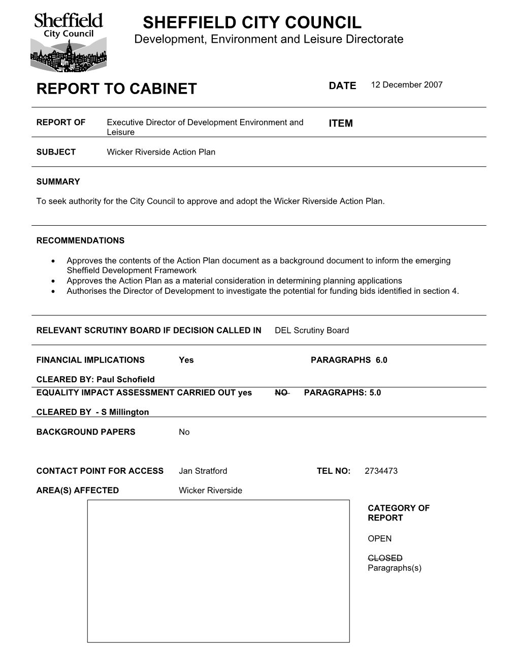 REPORT to CABINET DATE 12 December 2007