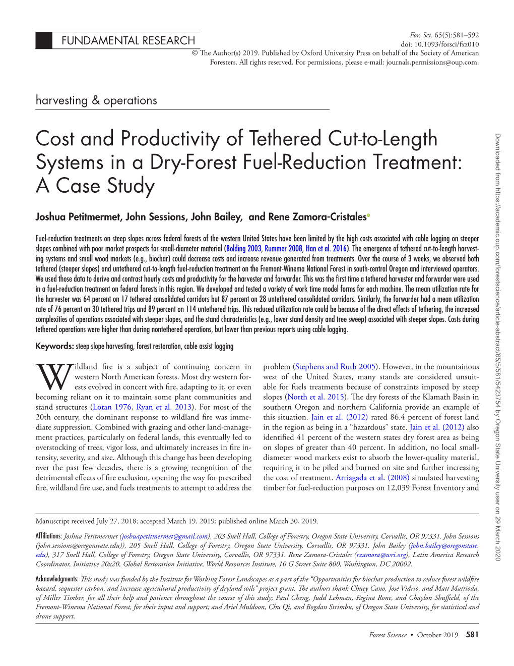 Cost and Productivity of Tethered Cut-To-Length Systems in a Dry-Forest Fuel-Reduction Treatment: a Case Study