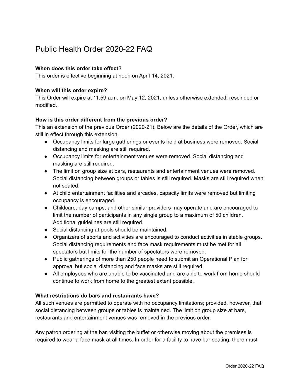 Public Health Order 2020-22 FAQ