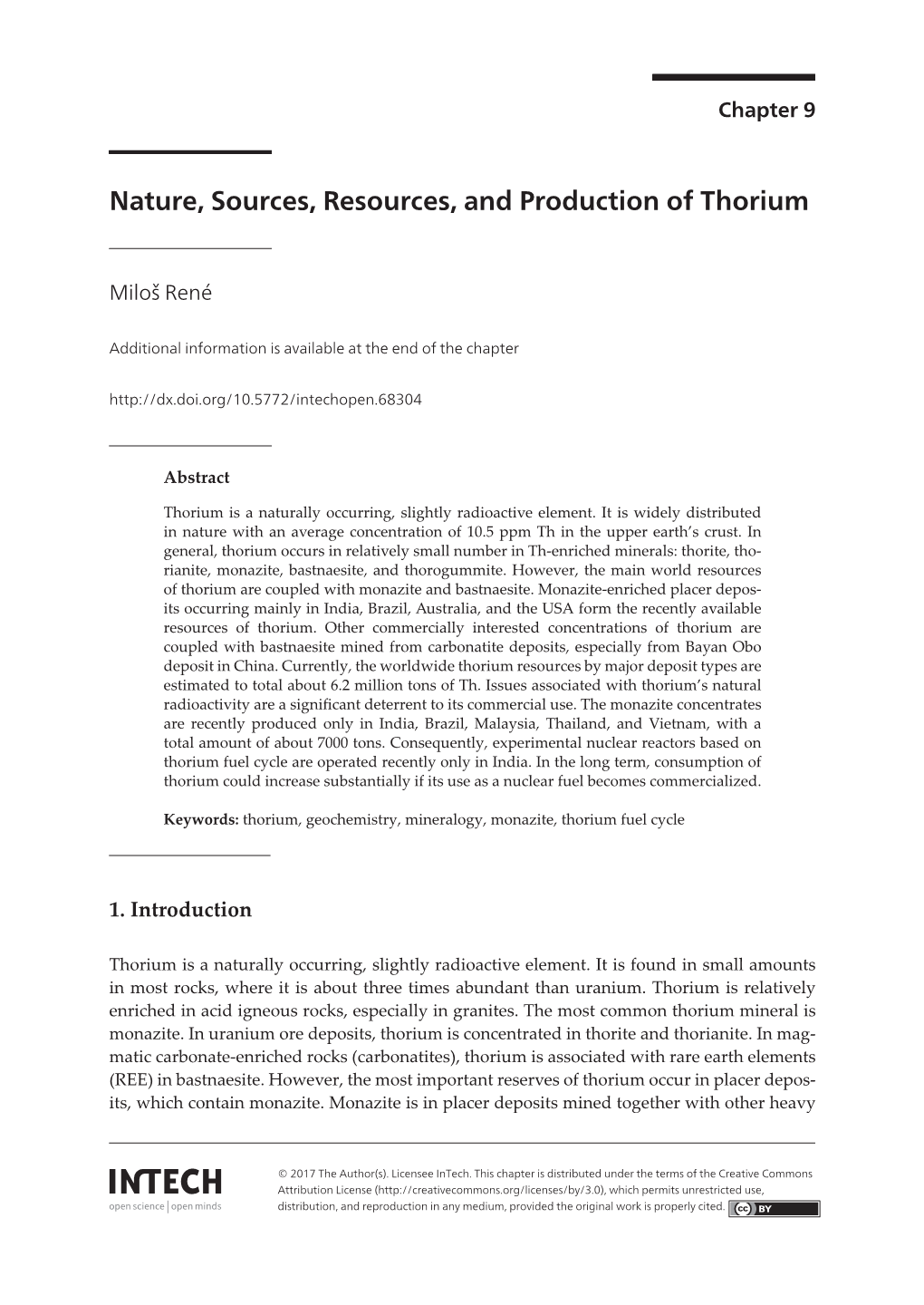 Nature, Sources, Resources, and Production of Thorium