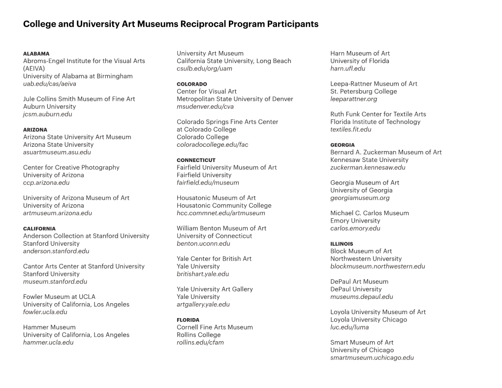 College and University Art Museums Reciprocal Program Participants