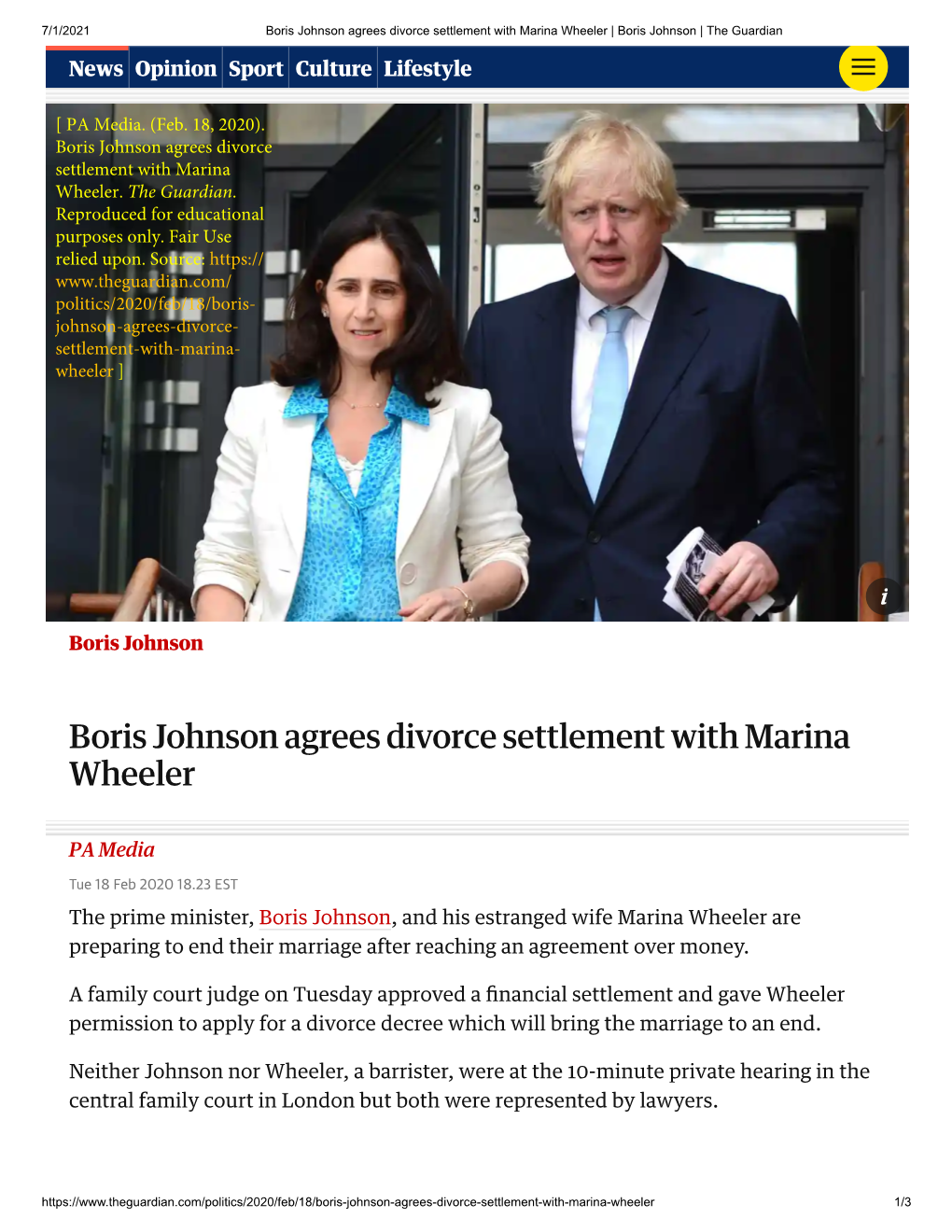 Boris Johnson Agrees Divorce Settlement with Marina Wheeler | Boris Johnson | the Guardian