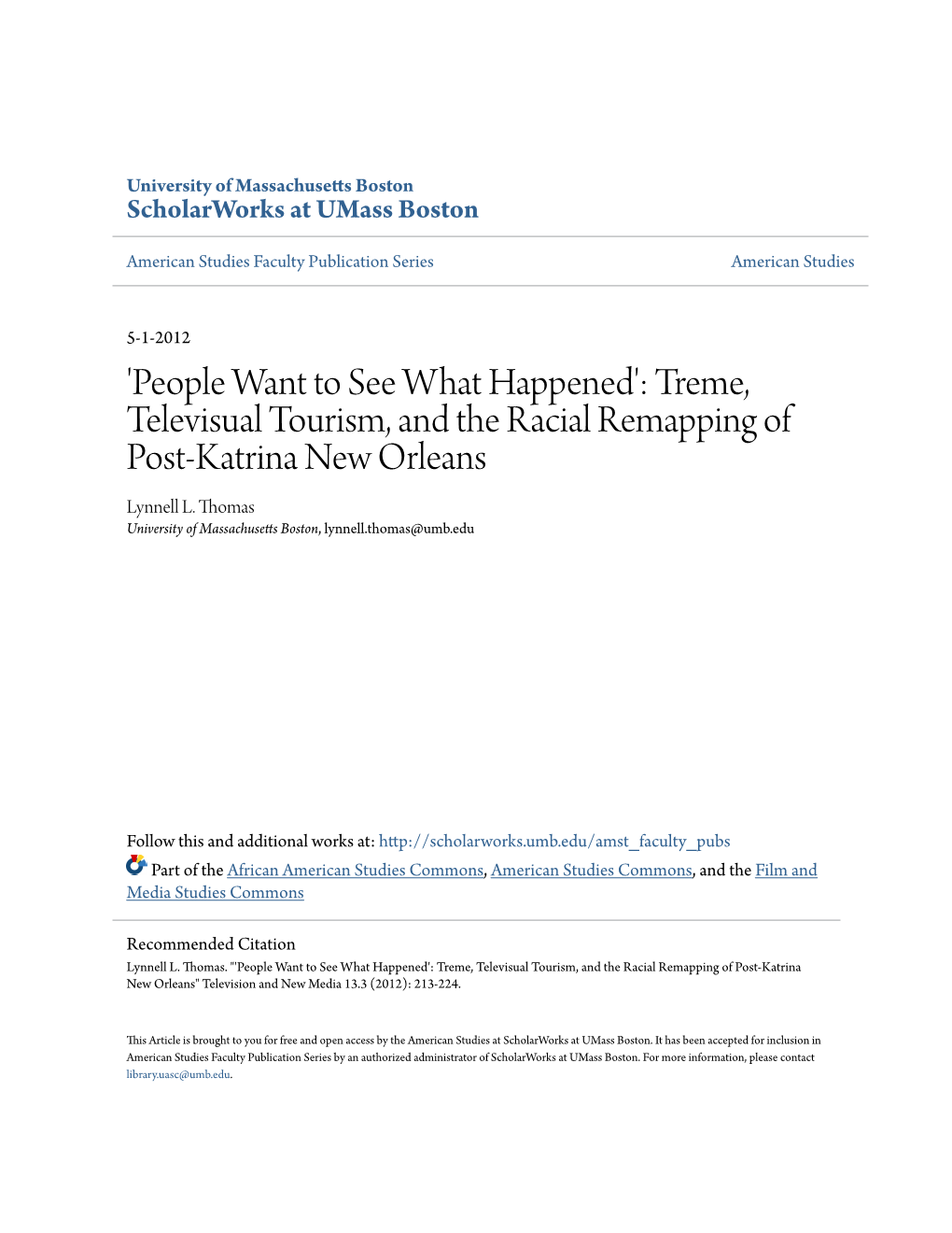 Treme, Televisual Tourism, and the Racial Remapping of Post-Katrina New Orleans Lynnell L