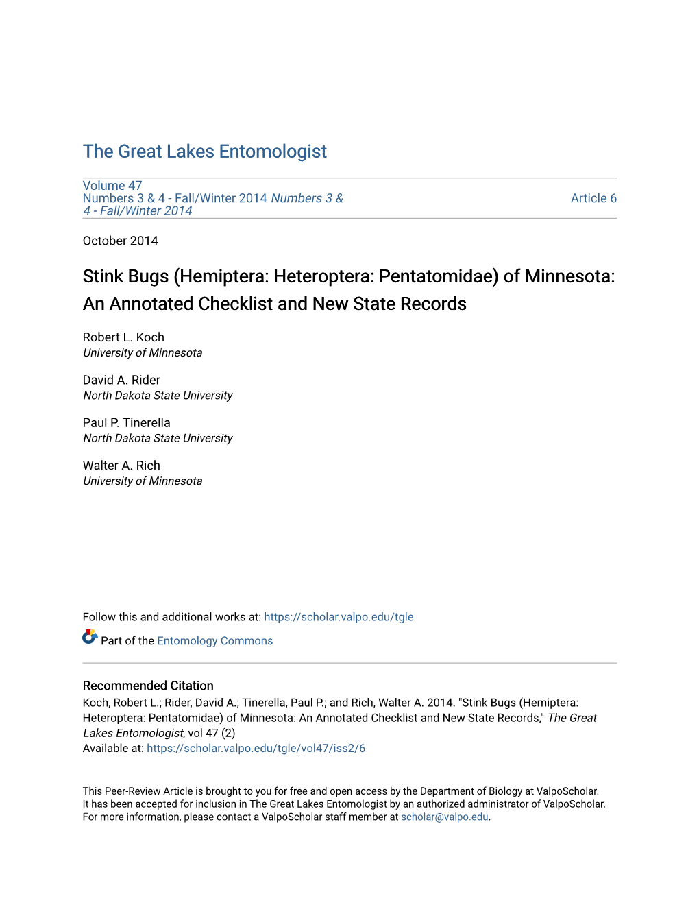 Stink Bugs (Hemiptera: Heteroptera: Pentatomidae) of Minnesota: an Annotated Checklist and New State Records