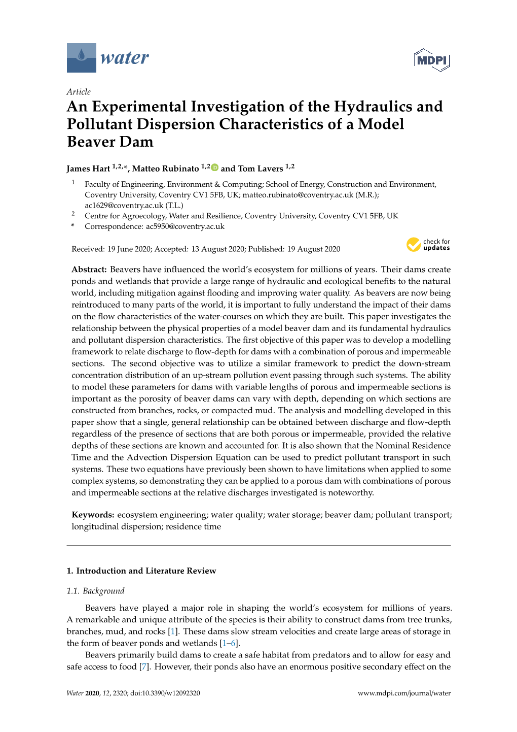 An Experimental Investigation of the Hydraulics and Pollutant Dispersion Characteristics of a Model Beaver Dam