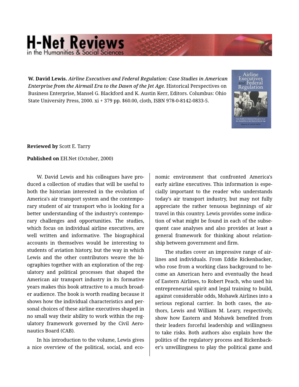 Scott Tarry on Airline Executives and Federal Regulation: Case Studies in American Enterprise from the Airmail Era To