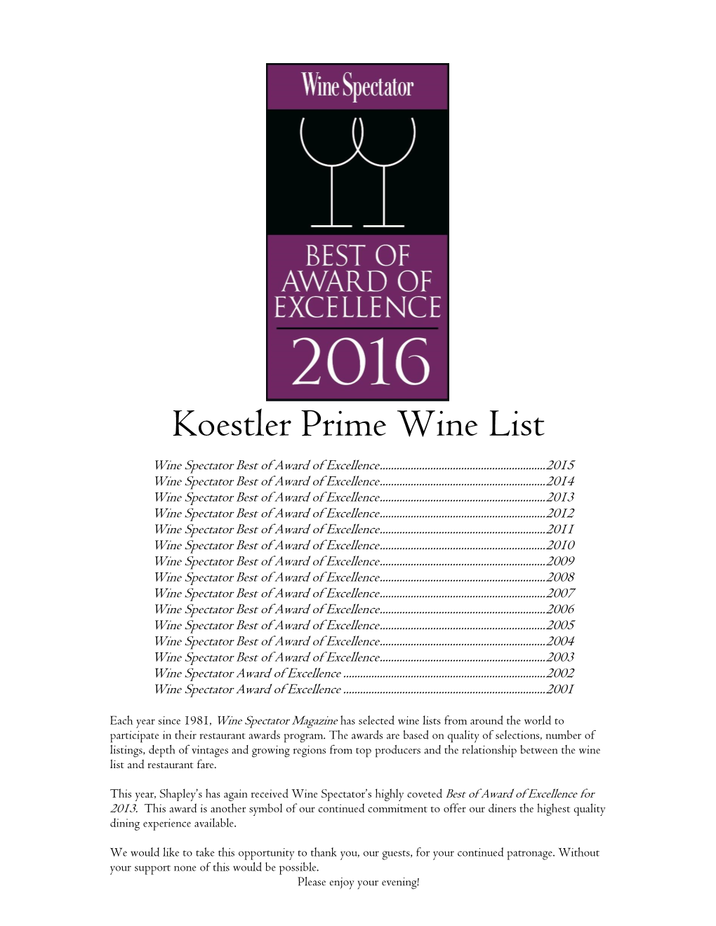 Koestler Prime Wine List