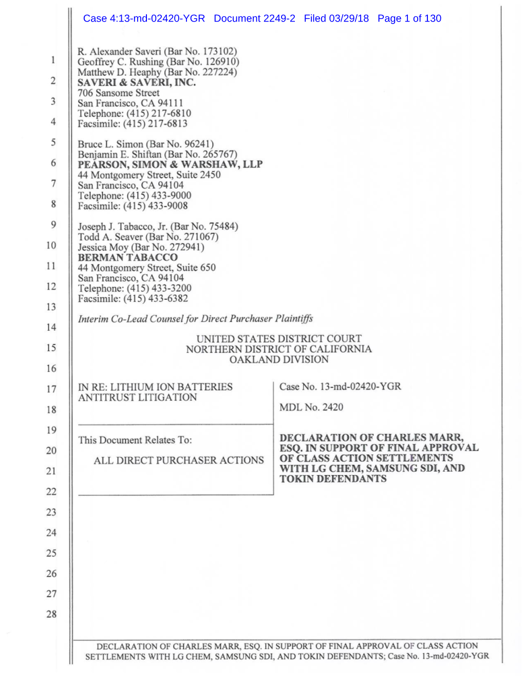 Marr Declaration in Support of Final Approval of LG Chem, Samsung