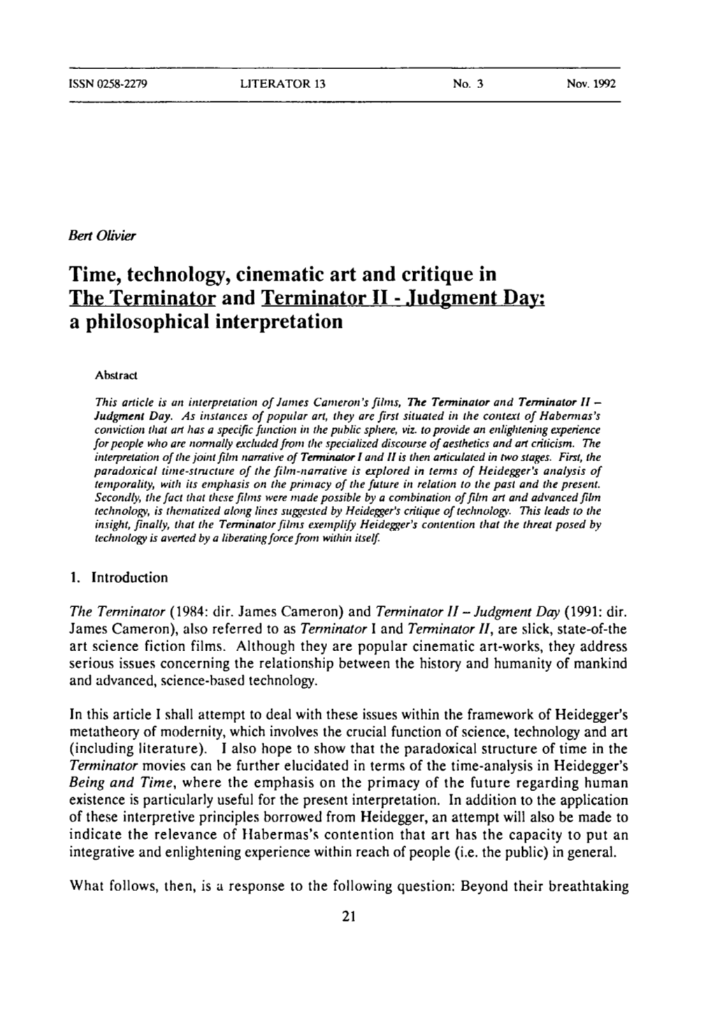 Time, Technology, Cinematic Art and Critique in the Terminator and Terminator II - Judgment Day; a Philosophical Interpretation