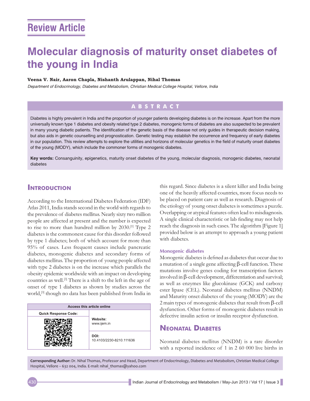 Molecular Diagnosis of Maturity Onset Diabetes of the Young in India