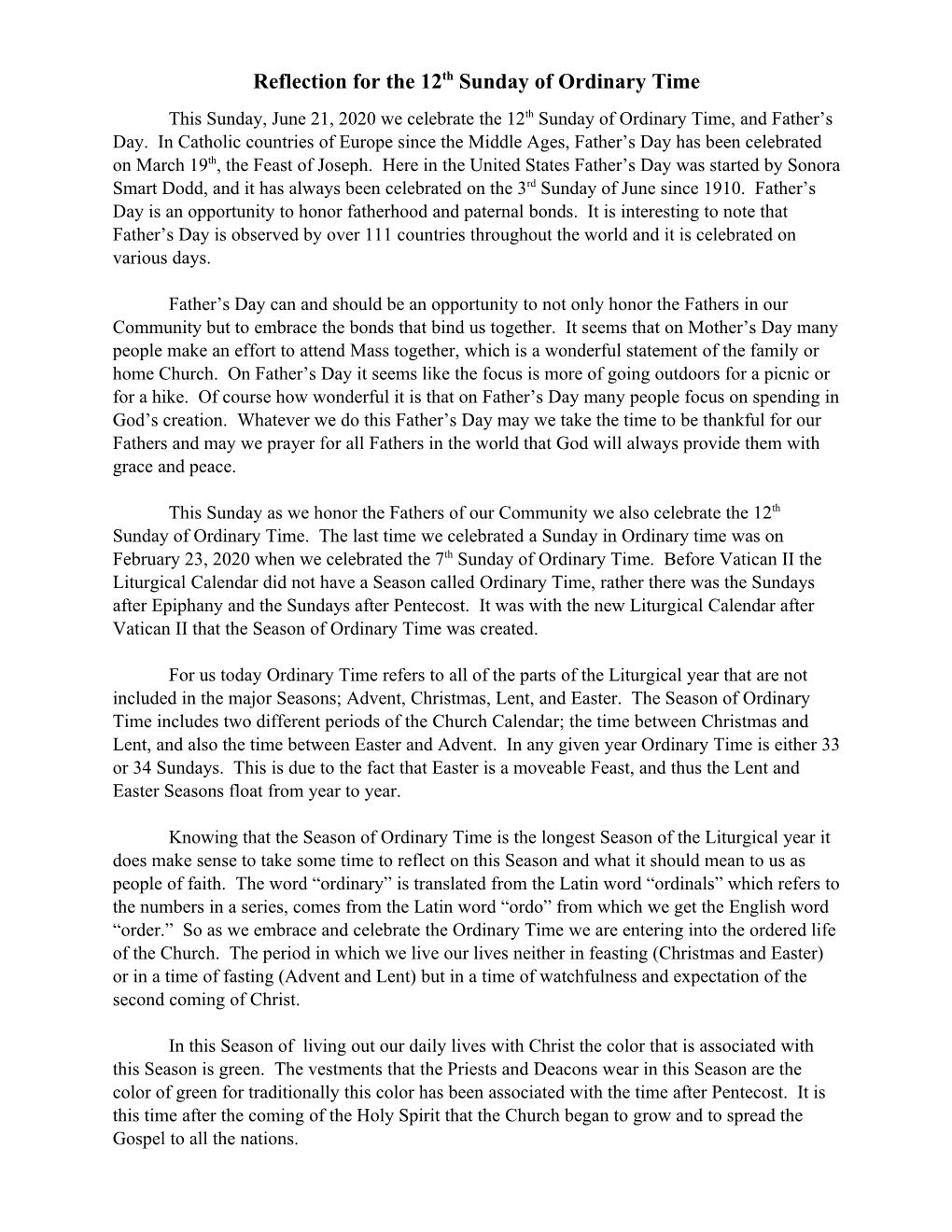 Reflection for the 12Th Sunday of Ordinary Time This Sunday, June 21, 2020 We Celebrate the 12Th Sunday of Ordinary Time, and Father’S Day