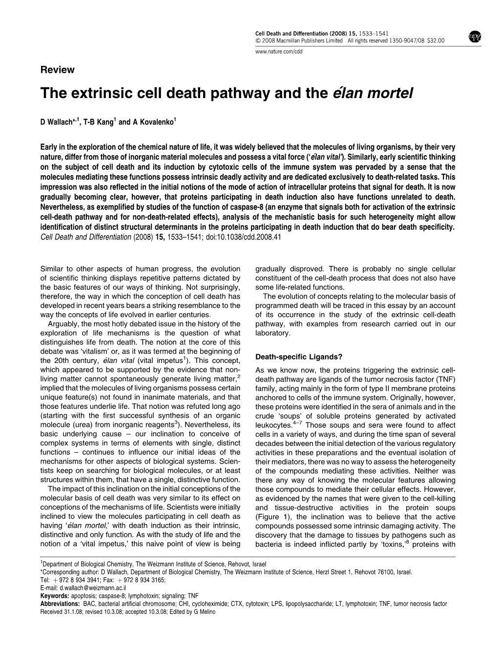 The Extrinsic Cell Death Pathway and the E´Lan Mortel