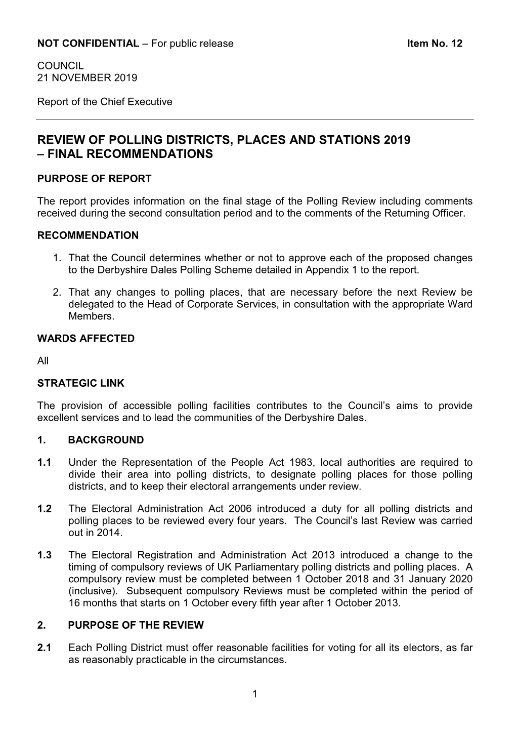 Review of Polling Districts, Places and Stations 2019 – Final Recommendations