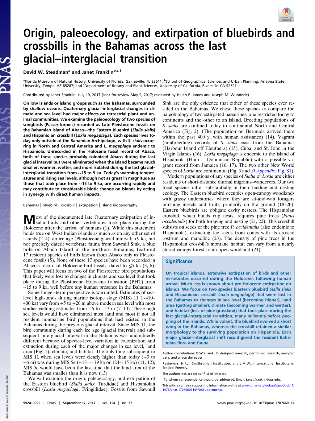 Origin, Paleoecology, and Extirpation of Bluebirds and Crossbills in the Bahamas Across the Last Glacial–Interglacial Transition