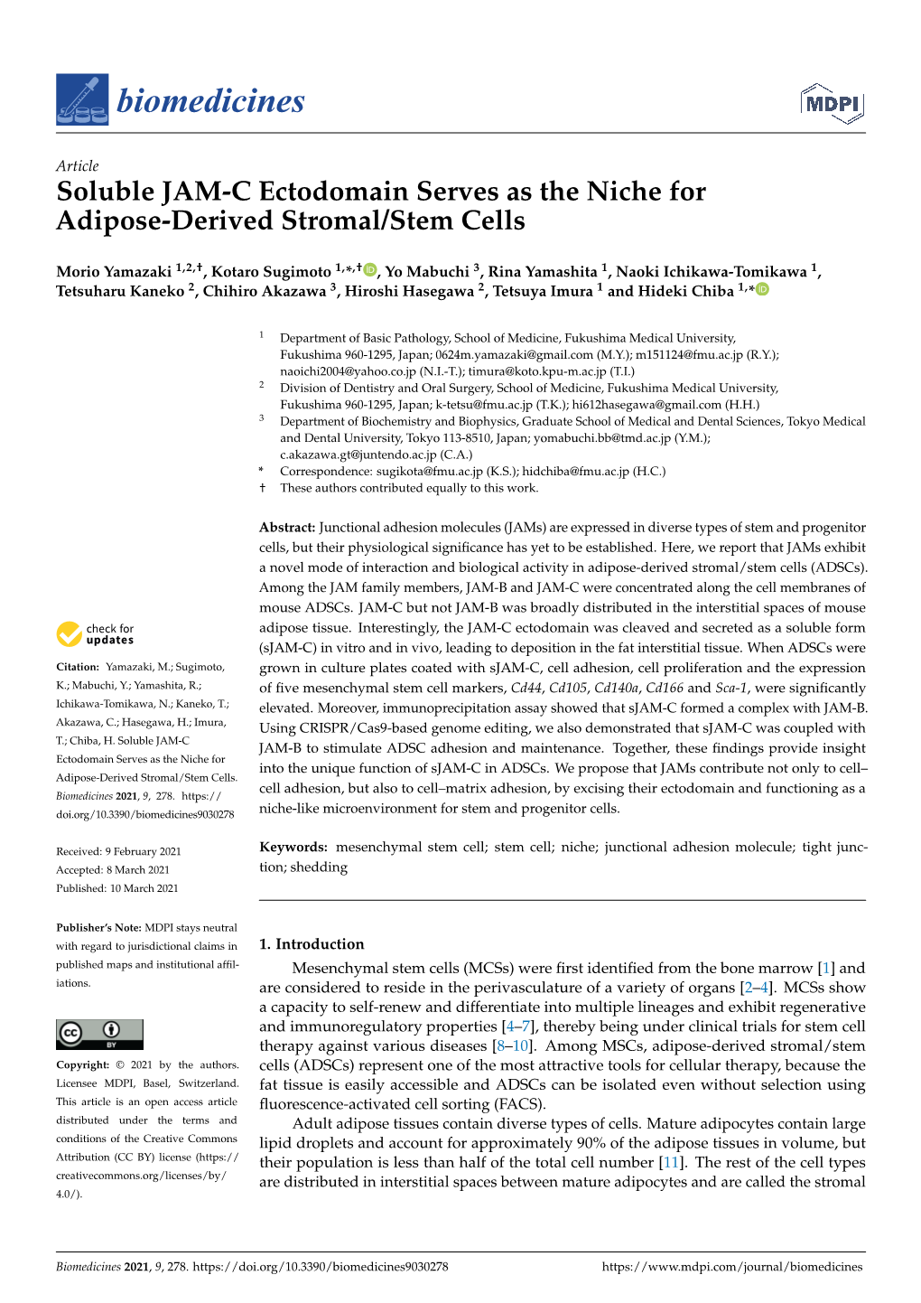 Soluble JAM-C Ectodomain Serves As the Niche for Adipose-Derived Stromal/Stem Cells