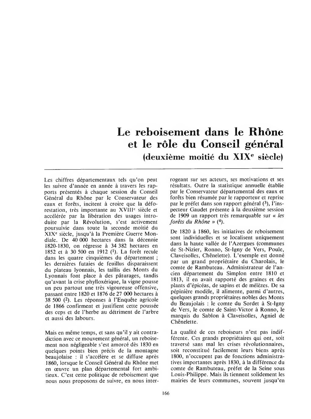 Le Reboisement Dans Le Rhône Et Le Rôle Du Conseil Général (Deuxième Moitié Du Xixe Siècle)