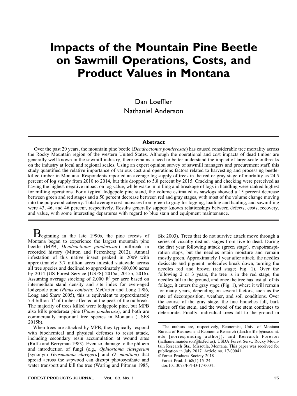 Impacts of the Mountain Pine Beetle on Sawmill Operations, Costs, and Product Values in Montana