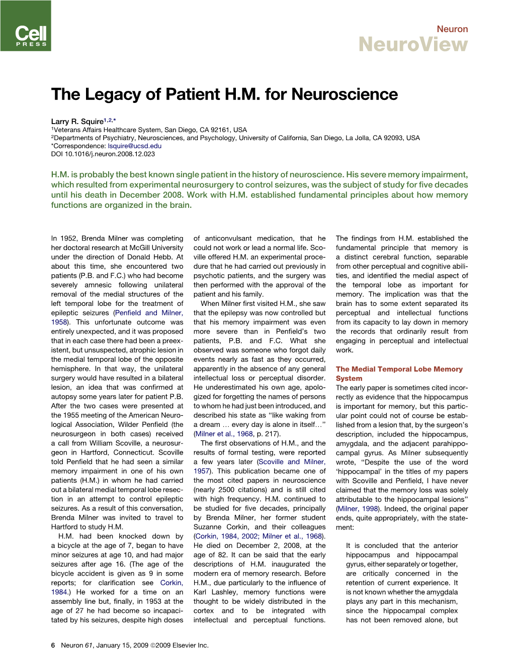 The Legacy of Patient H.M. for Neuroscience