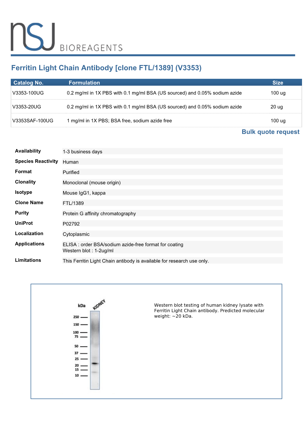 Ferritin Light Chain Antibody [Clone FTL/1389] (V3353)