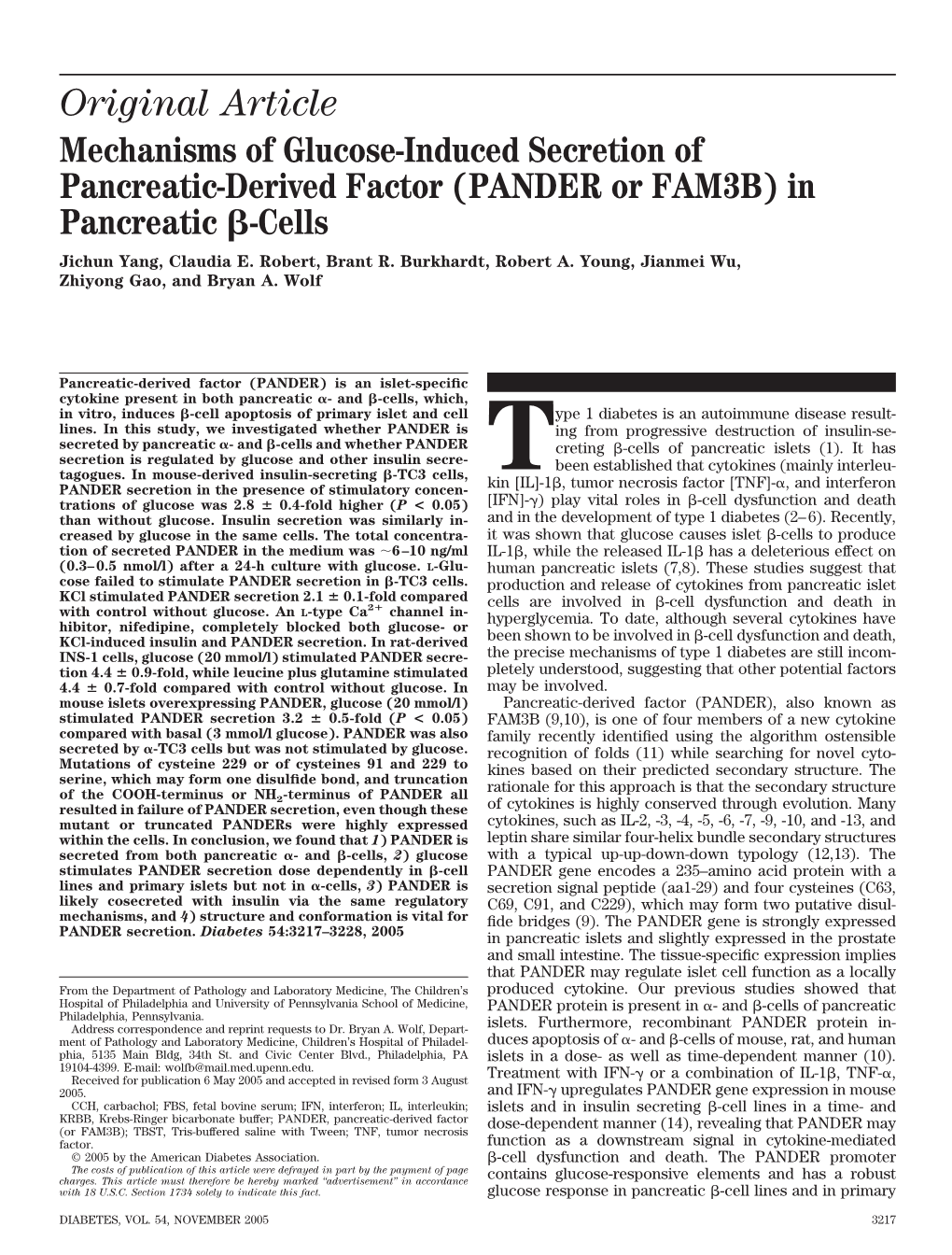 Original Article Mechanisms of Glucose-Induced Secretion of Pancreatic-Derived Factor (PANDER Or FAM3B) in Pancreatic ␤-Cells Jichun Yang, Claudia E