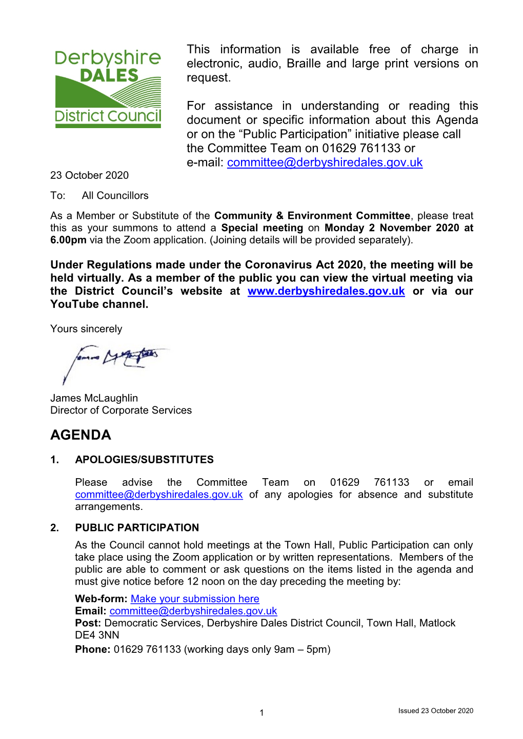 Agenda Or on the “Public Participation” Initiative Please Call the Committee Team on 01629 761133 Or E-Mail: Committee@Derbyshiredales.Gov.Uk 23 October 2020