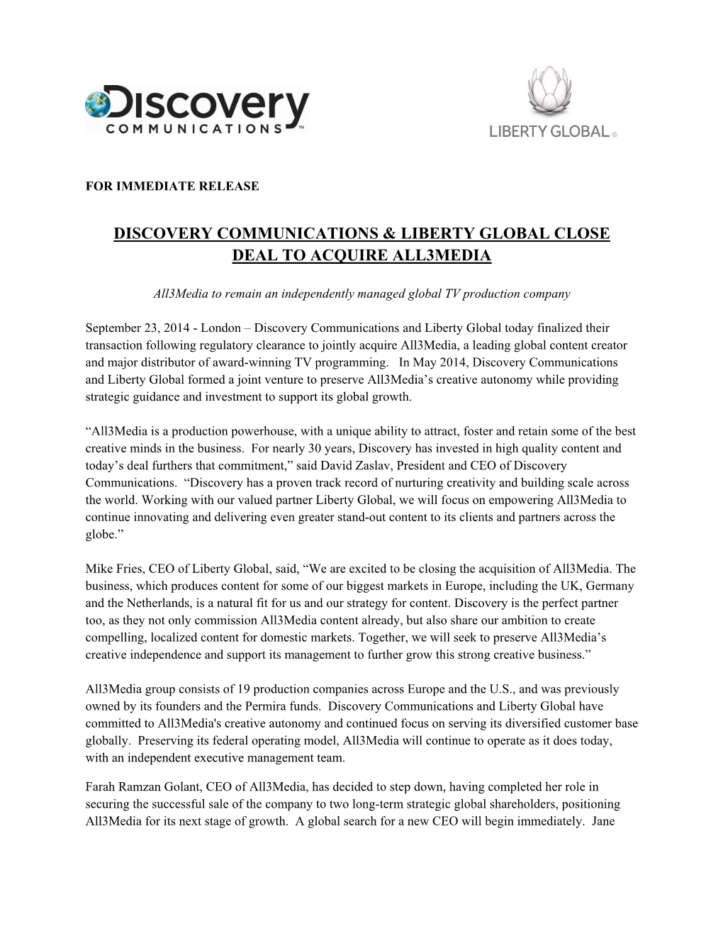 Discovery Communications & Liberty Global Close Deal to Acquire All3media