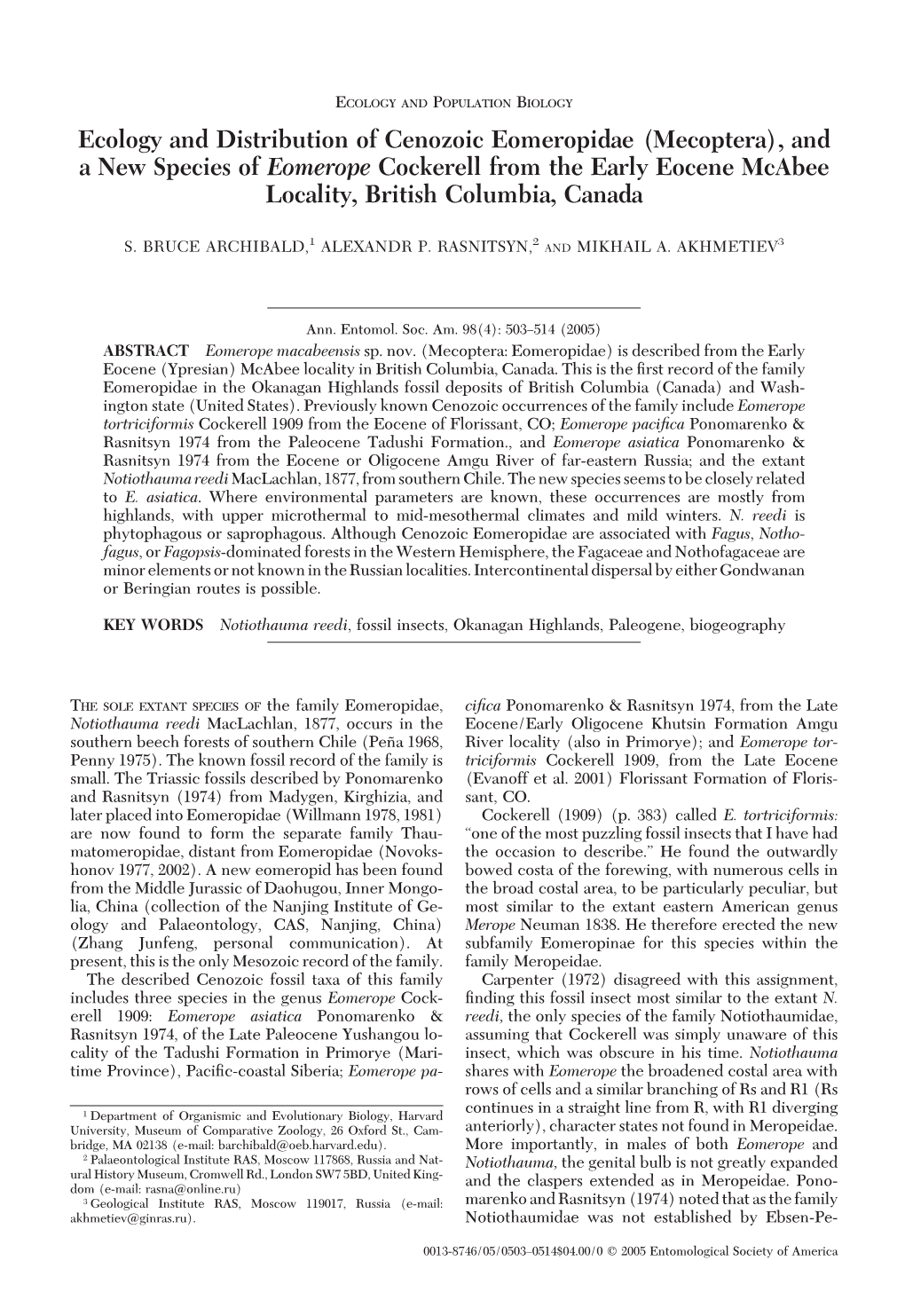 Ecology and Distribution of Cenozoic Eomeropidae (Mecoptera), and a New Species of Eomerope Cockerell from the Early Eocene Mcabee Locality, British Columbia, Canada