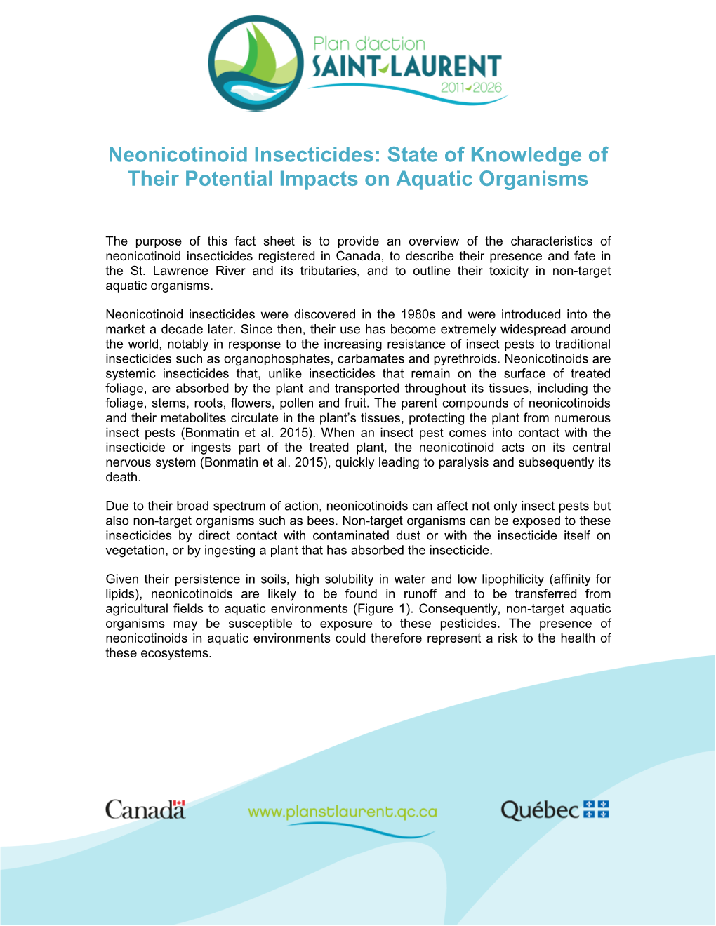 Neonicotinoid Insecticides: State of Knowledge of Their Potential Impacts on Aquatic Organisms