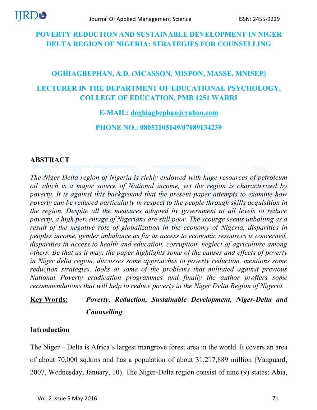 Poverty Reduction and Sustainable Development in Niger Delta Region of Nigeria: Strategies for Counselling Oghiagbephan, A.D. (M