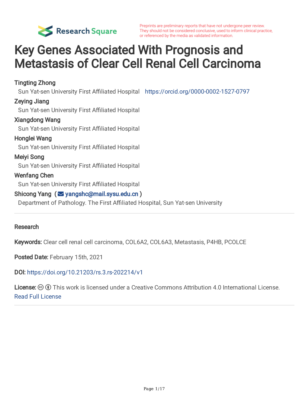 Key Genes Associated with Prognosis and Metastasis of Clear Cell Renal Cell Carcinoma