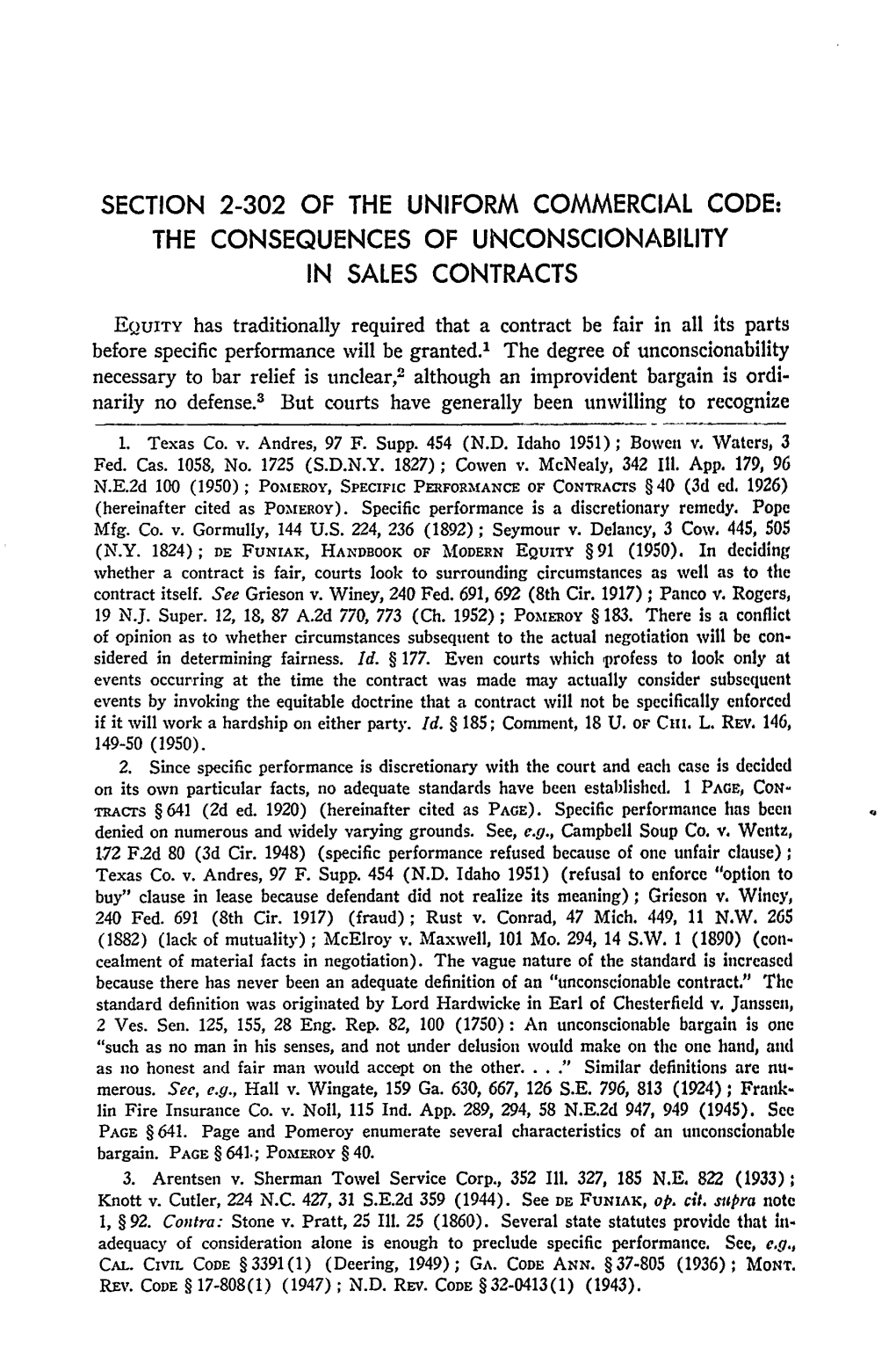 Section 2-302 of the Uniform Commercial Code: the Consequences of Unconscionability in Sales Contracts