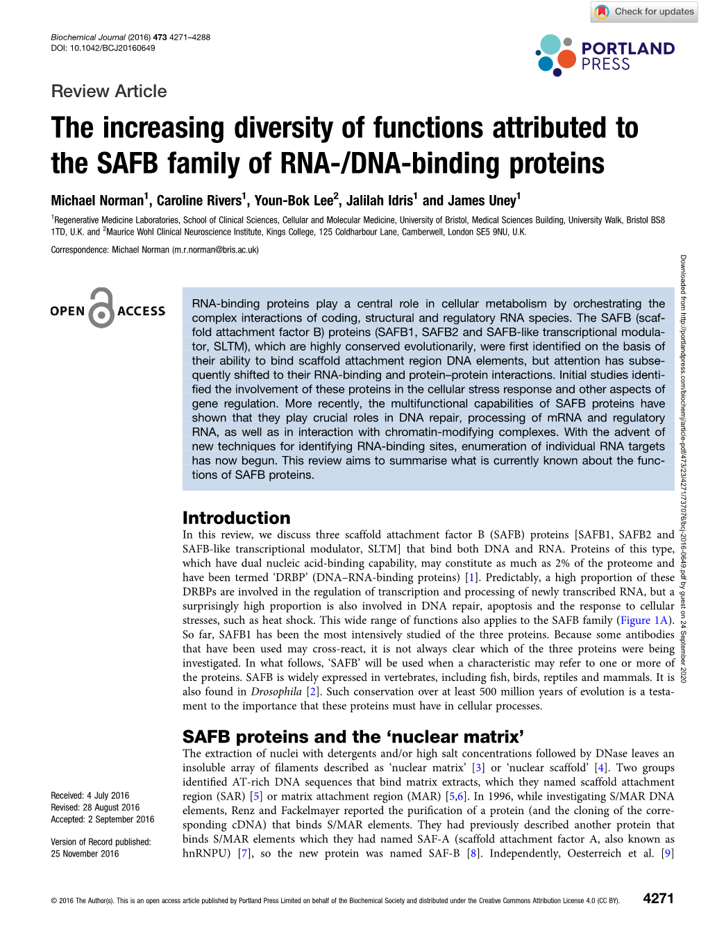 The Increasing Diversity of Functions Attributed to the SAFB Family of RNA-/DNA-Binding Proteins