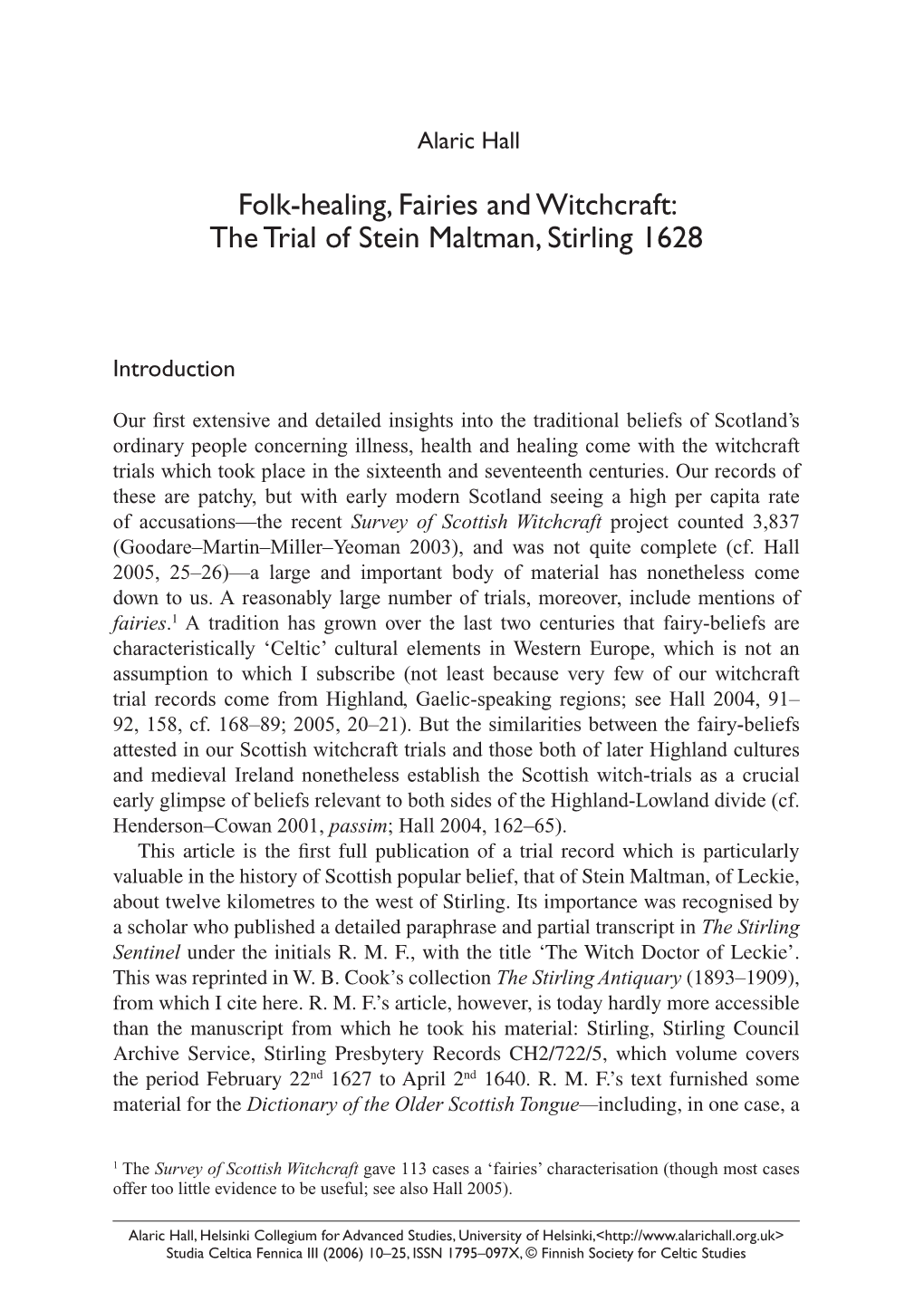 Folk-Healing, Fairies and Witchcraft: the Trial of Stein Maltman, Stirling 1628