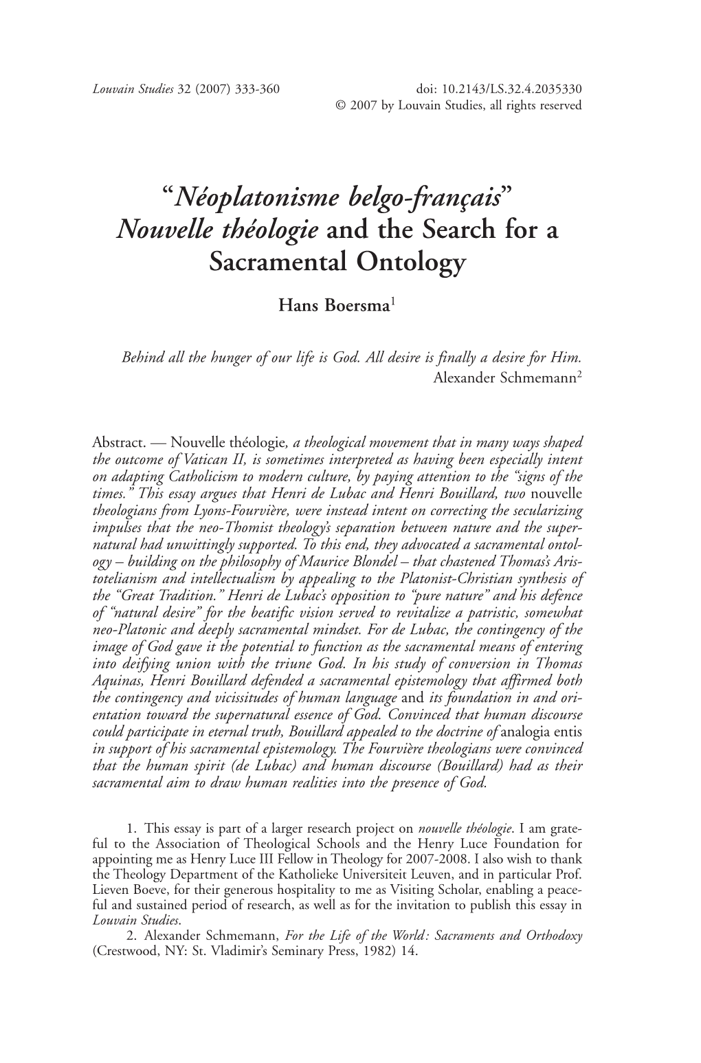 Nouvelle Théologie and the Search for a Sacramental Ontology Hans Boersma1