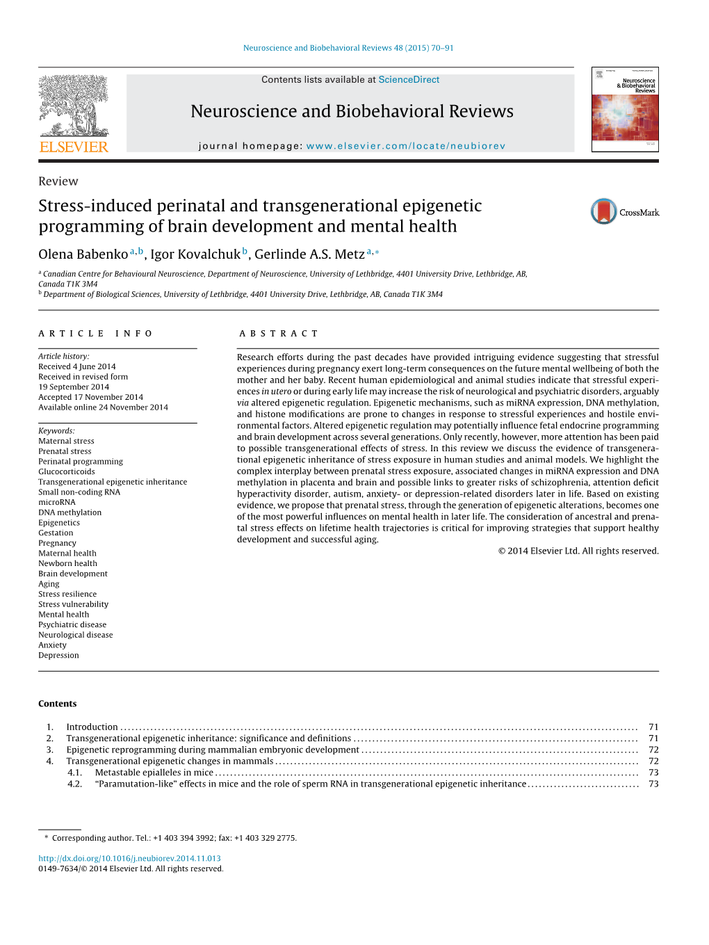 Stress-Induced Perinatal and Transgenerational Epigenetic