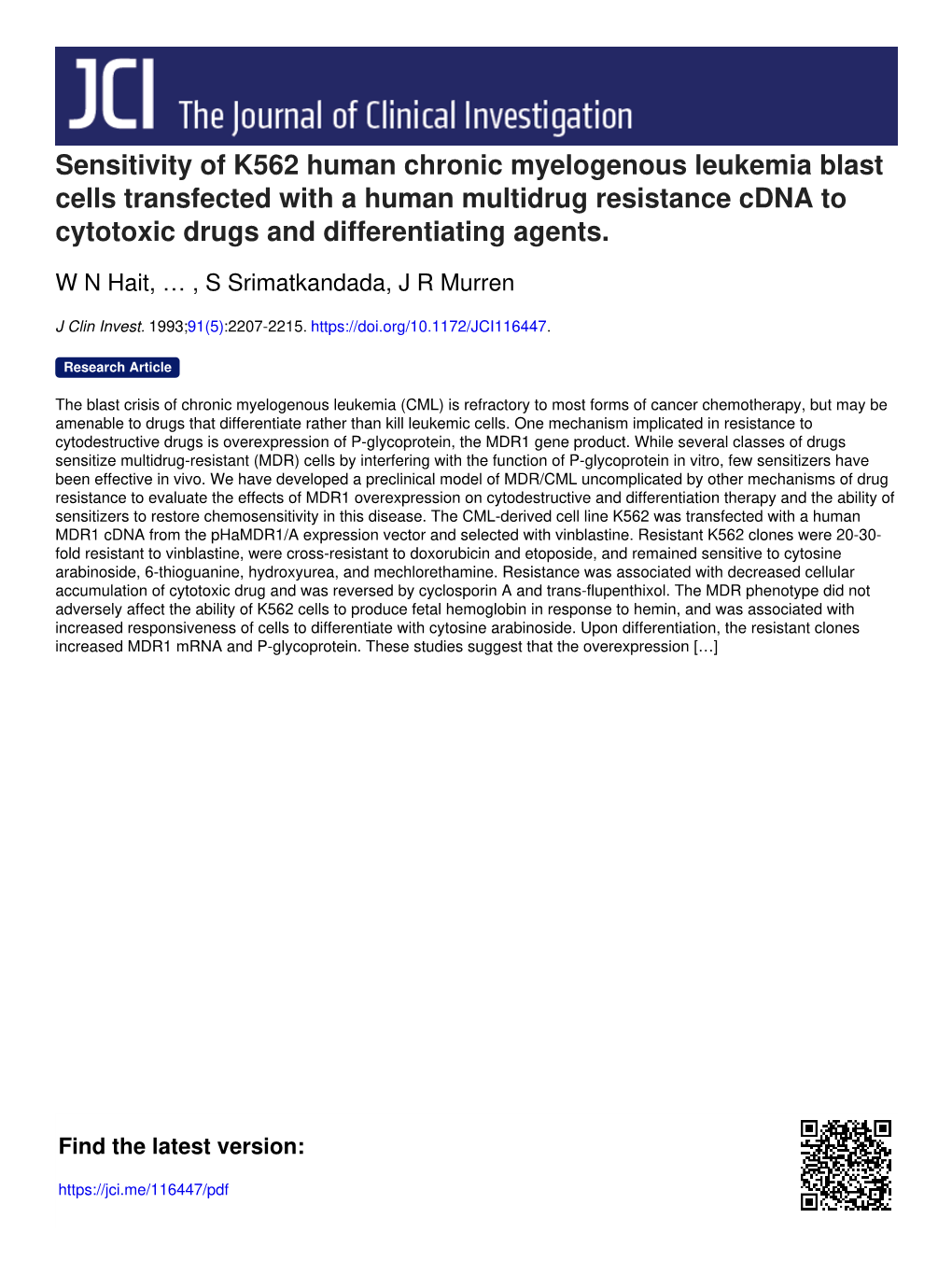 Sensitivity of K562 Human Chronic Myelogenous Leukemia Blast Cells Transfected with a Human Multidrug Resistance Cdna to Cytotoxic Drugs and Differentiating Agents