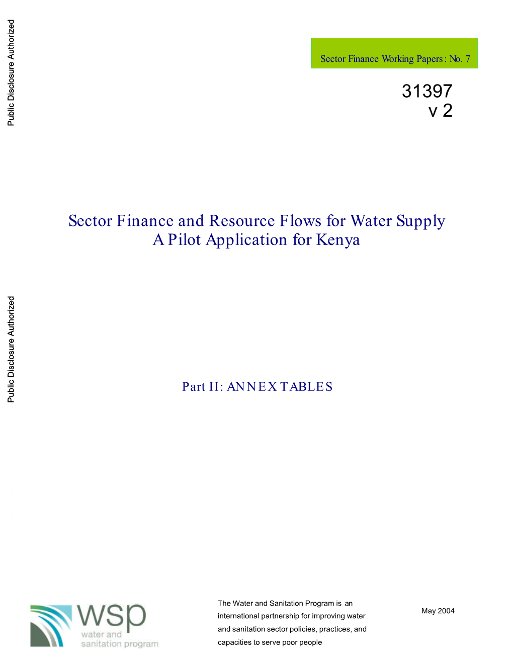 Sector Finance and Resource Flows for Water Supply a Pilot Application for Kenya