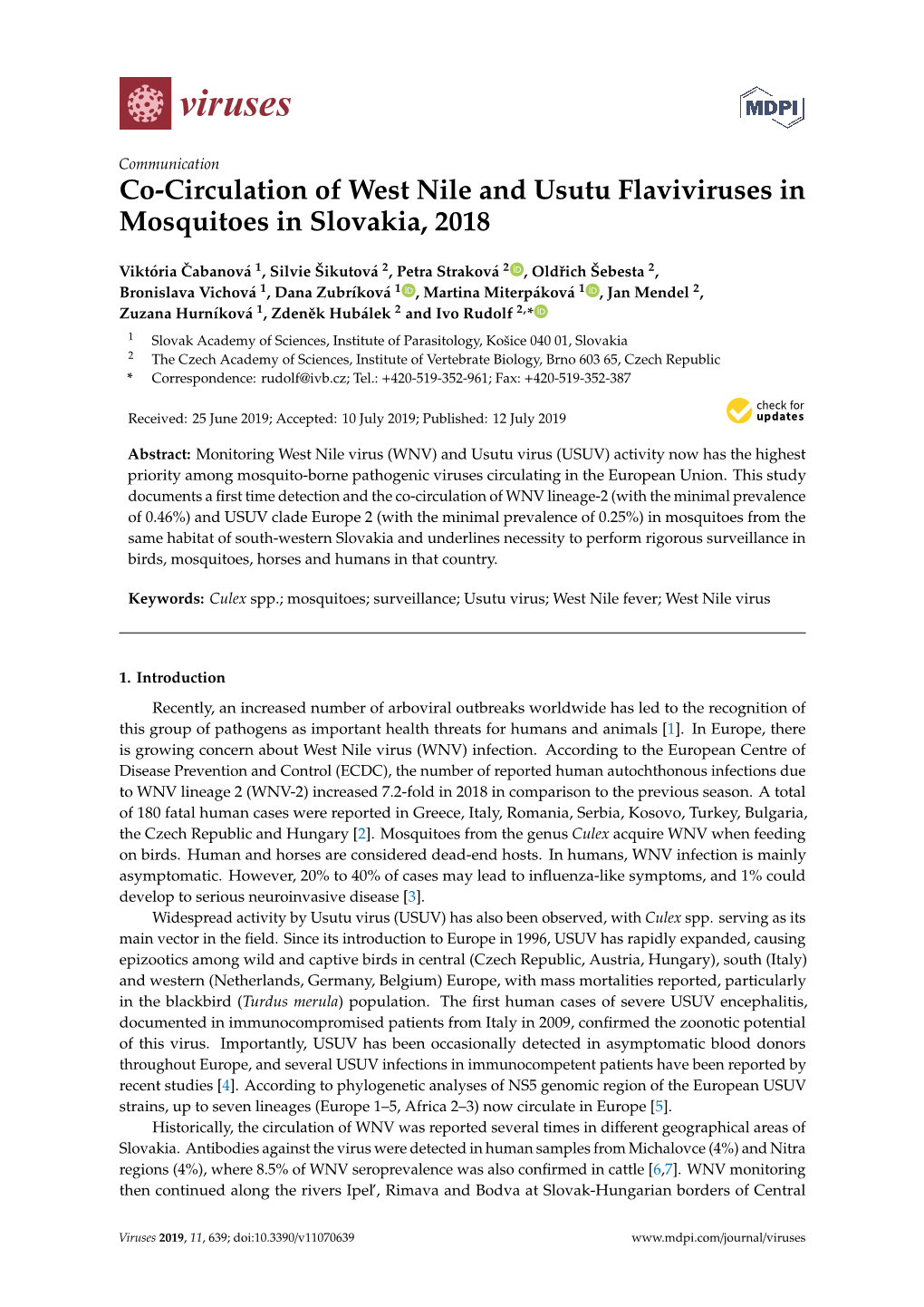 Co-Circulation of West Nile and Usutu Flaviviruses in Mosquitoes in Slovakia, 2018