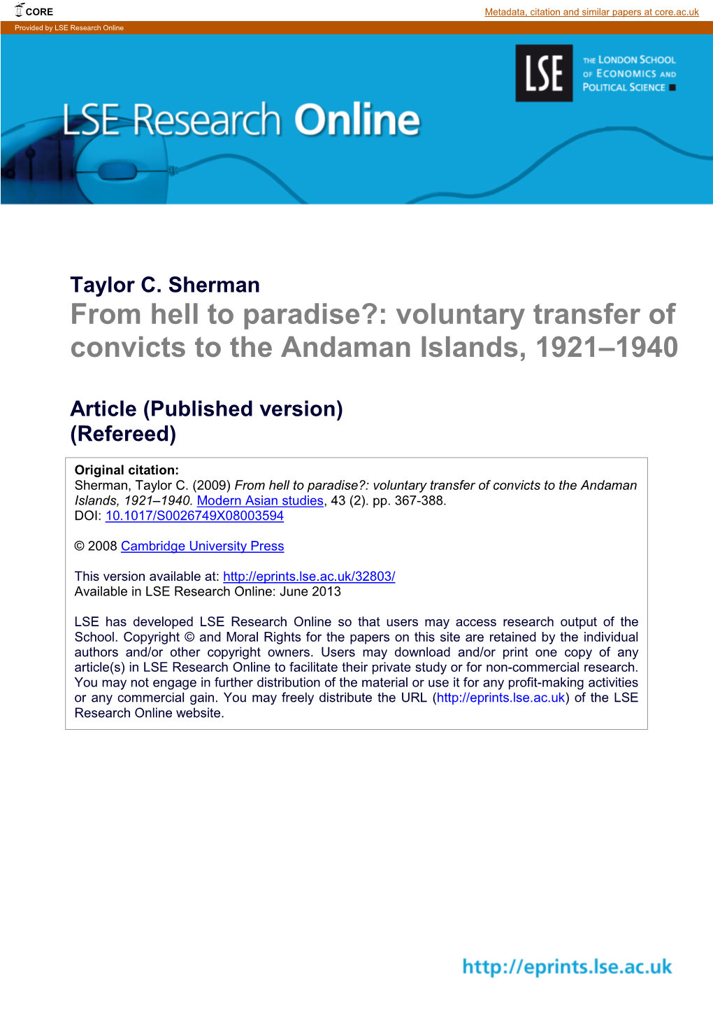 Voluntary Transfer of Convicts to the Andaman Islands, 1921–1940