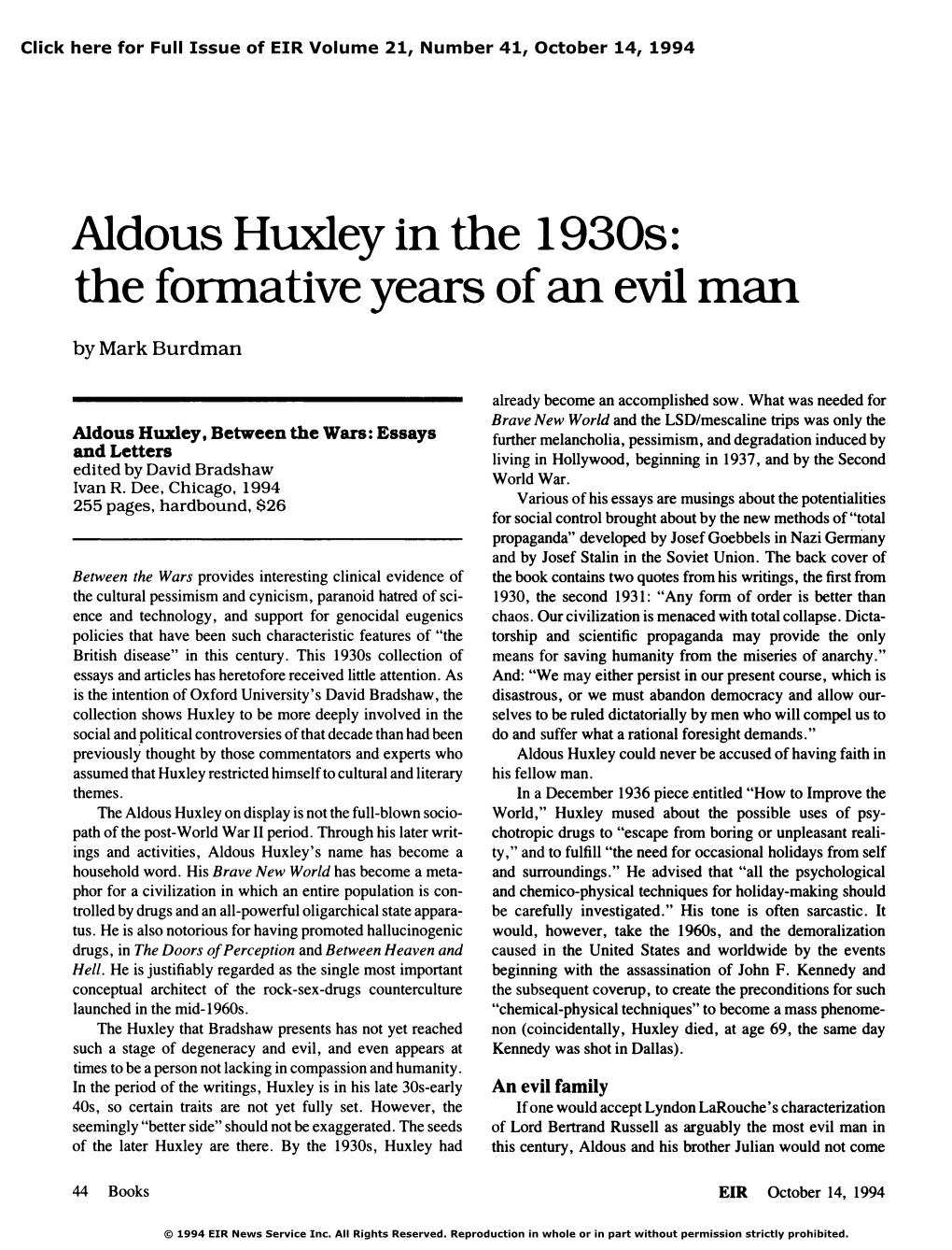Aldous Huxley in the 1930S: the Formative Years of an Evil