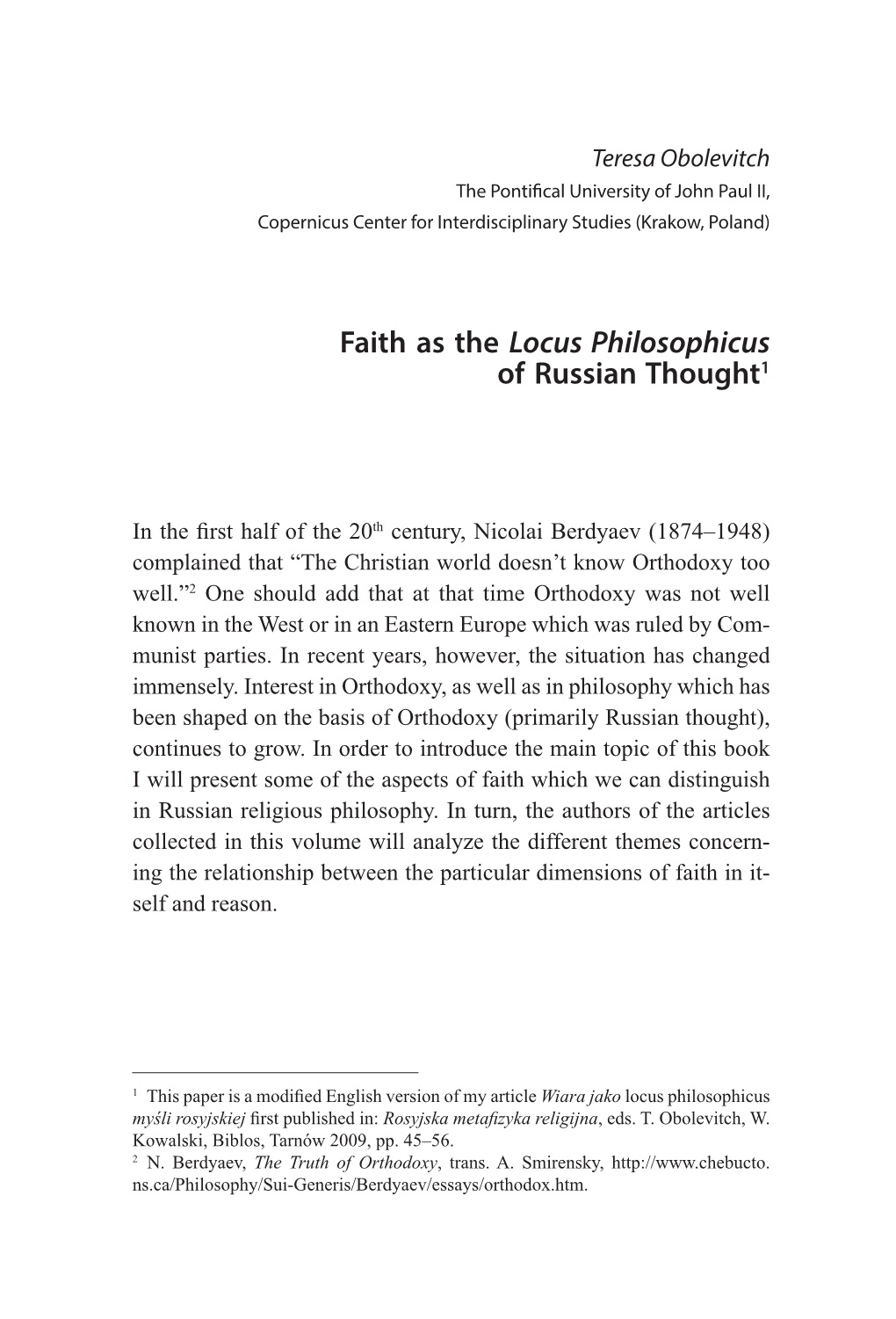Faith As the Locus Philosophicus of Russian Thought1