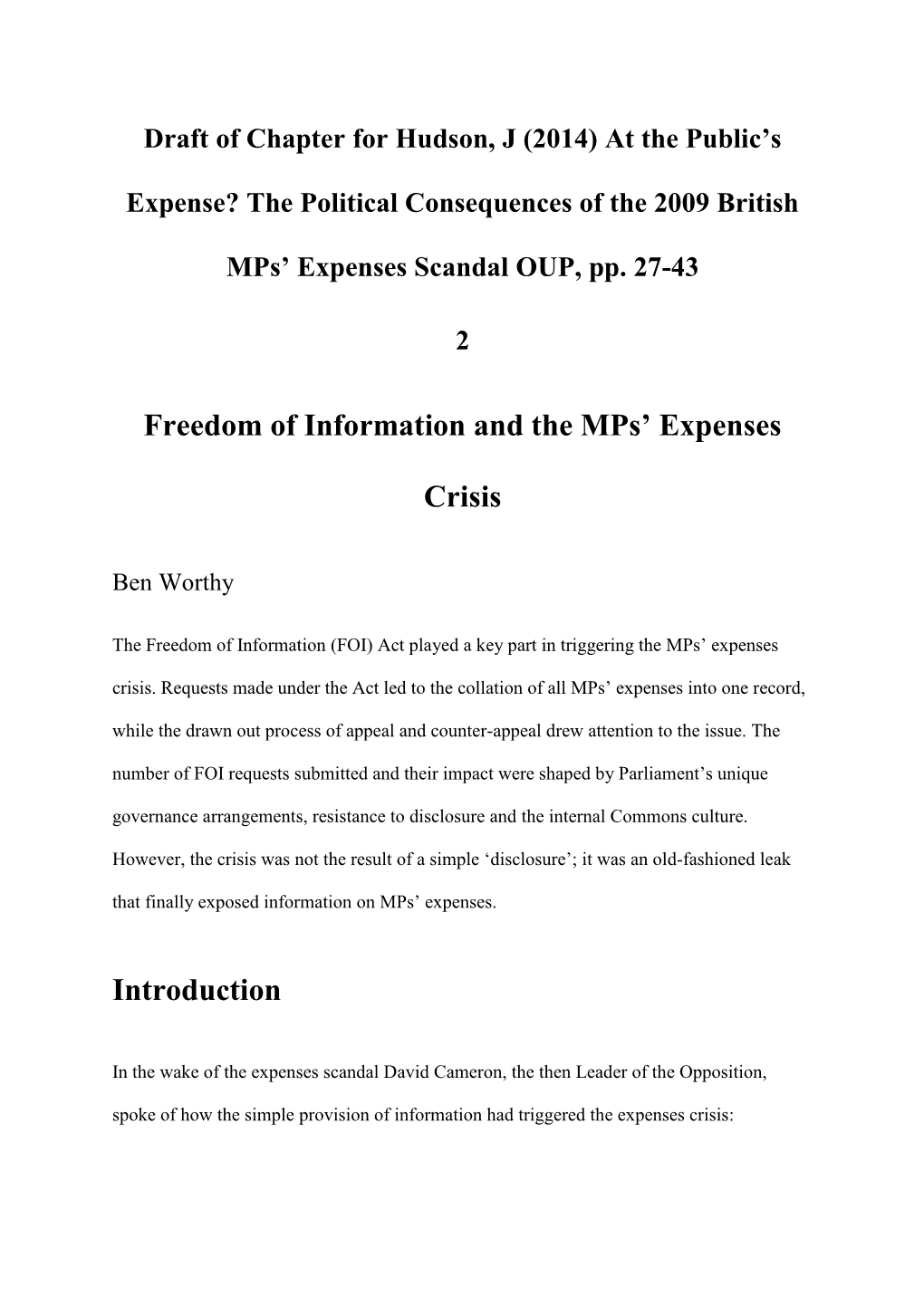 Worthy FOI and Mps' Expenses
