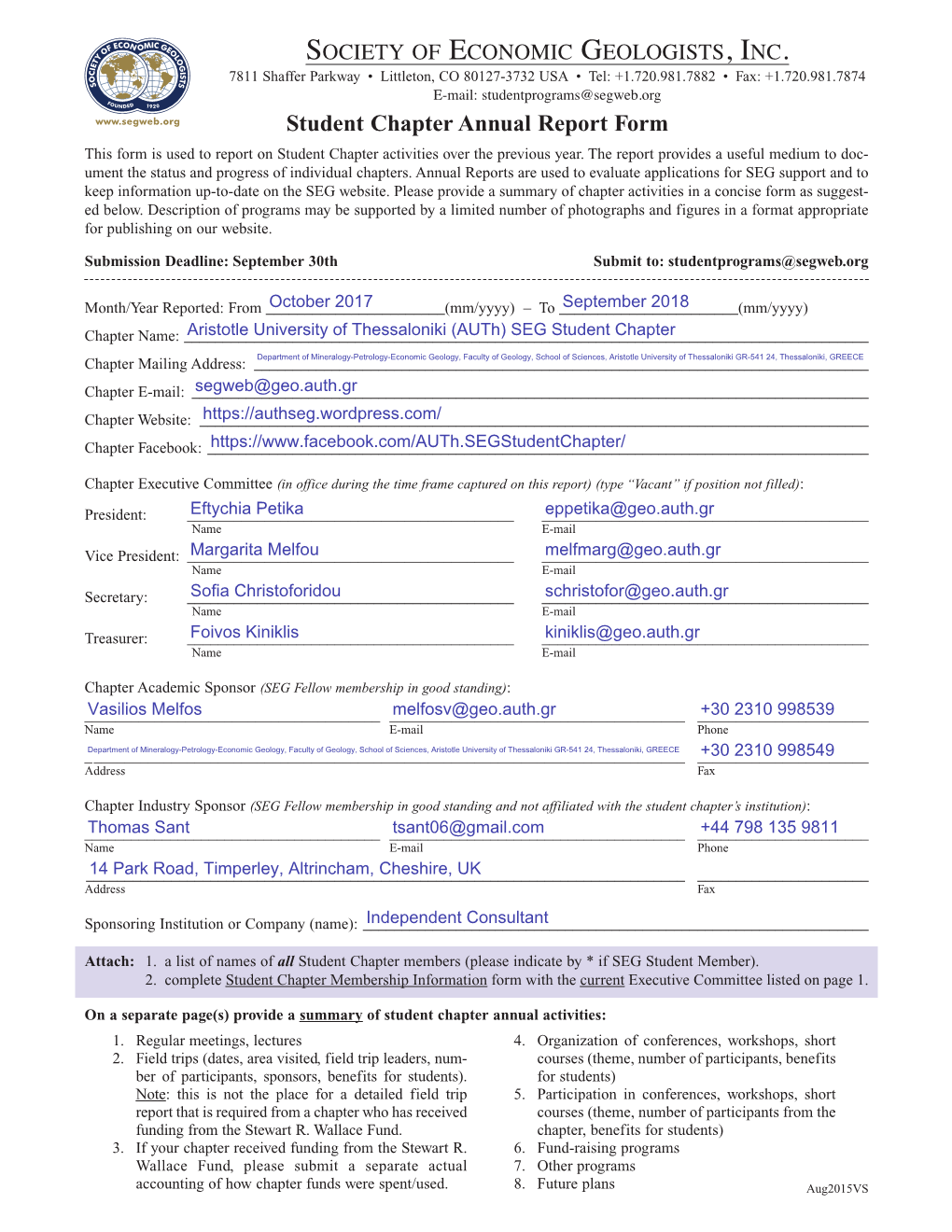 Student Chapter Annual Report Form This Form Is Used to Report on Student Chapter Activities Over the Previous Year
