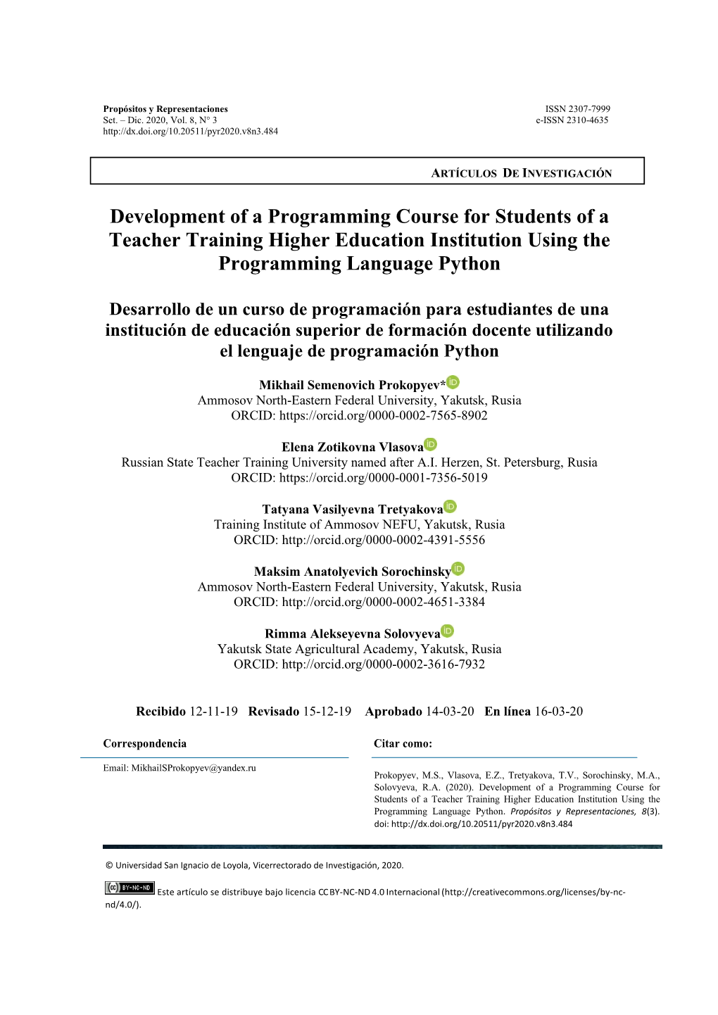 Development of a Programming Course for Students of a Teacher Training Higher Education Institution Using the Programming Language Python