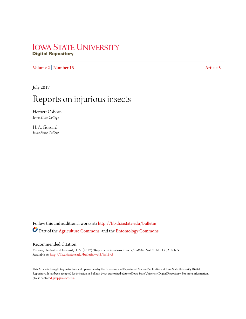 Reports on Injurious Insects Herbert Osborn Iowa State College