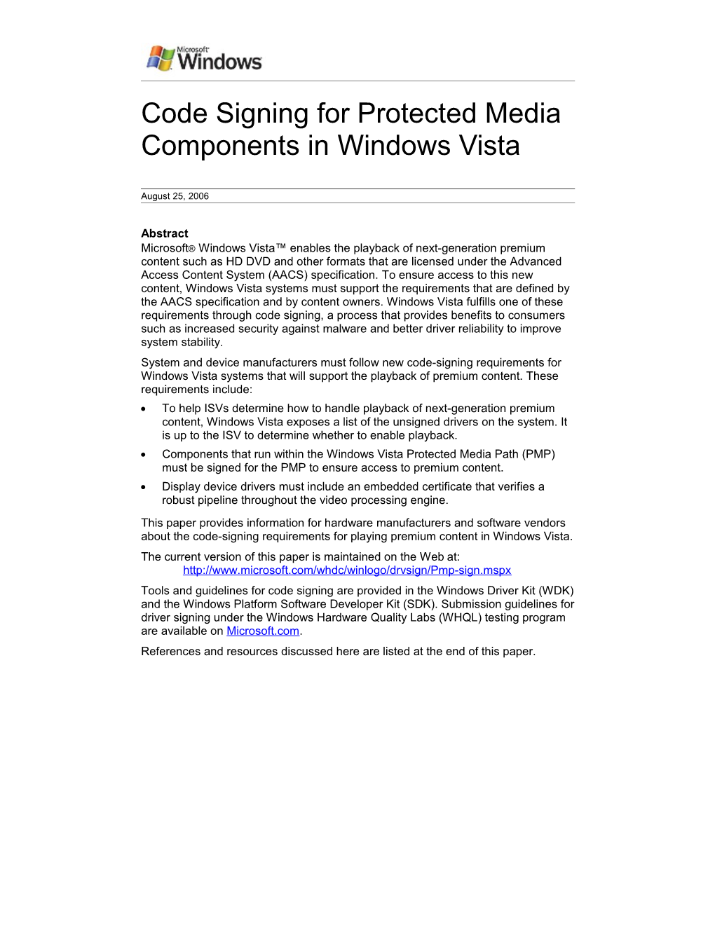 Code Signing For Protected Media Components In Windows Vista